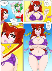 absurdres animal_ears bikini blush breast_expansion breasts cat_girl cleavage collar comic cordelia_(fire_emblem_awakening) female_only femsub fire_emblem fire_emblem_awakening green_hair kobi94 large_breasts long_hair nintendo open_mouth pet_play red_eyes red_hair tail tail_growth text tiki_(fire_emblem) transformation