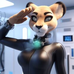 ai_art animal_ears bodysuit collar drone female_only femsub furry happy_trance lion_girl smile spiral_eyes symbol_in_eyes thehypnopotamus