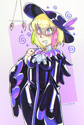 blonde_hair blush bodysuit bow_tie breasts cape character_request choker drool eyebrows_visible_through_hair female_only femsub green_eyes green_hair happy_trance hat latex mask multicolored_eyes multicolored_hair pendulum pink_eyes pink_hair riverpear short_hair simple_background smile solo spiral_eyes standing tight_clothing wide_hips