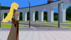 3d ahoge airmotor altered_perception animated barefoot bear blonde_hair boots breasts empty_eyes feet fingerless_gloves gloves grimm_(rwby) hypnovember jacket large_breasts long_hair midriff mmd navel pants prosthetic_limb purple_eyes rwby sound thigh_boots tube_top video yang_xiao_long zipper