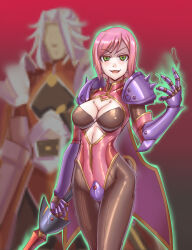 alexei_dinoia alternate_costume aura bandai_namco blush breasts cape cleavage corruption estellise_sidos_heurassein evil_smile expressionless femsub glowing green_eyes happy_trance leebigtree maledom no_eyes open_mouth pantyhose pink_hair red_background short_hair smile sword tales_of_(series) tales_of_vesperia tight_clothing tights weapon white_hair