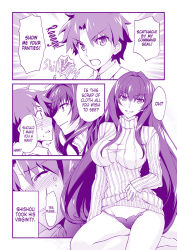  assertive_sub comic exhibitionism fate/grand_order fate_(series) femsub hard_translated lace long_hair magic magic_tattoo maledom monochrome morinagalemonad panties ritsuka_fujimaru scathach_(fate/grand_order) simple_background speech_bubble sweater text turning_the_tables virginity_loss 