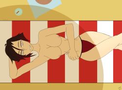 absurdres beach bikini_bottom black_hair bottomless breasts empty_eyes female_only femsub happy_trance large_breasts nude red_hair ruby_rose rwby short_hair smile spiral spiral_eyes symbol_in_eyes the_us_doctor topless