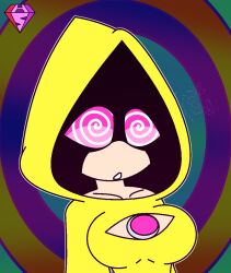  aged_up alternate_costume androgynous_dom cleavage_cutout collarbone femsub gradient_background hood hypnoscream jewelry little_nightmares pink_eyes ring_background simple_background six solo spiralwash_eyes surprised 