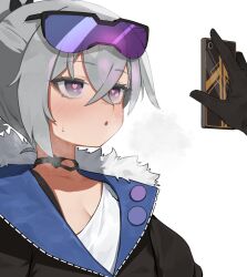  blush breasts breath cell_phone choker cleavage clothed collarbone femsub flasso gloves goggles goggles_on_head grey_eyes grey_hair heart heart_eyes honkai_star_rail hypnotic_app jacket phone ponytail silver_wolf_(honkai_star_rail) simple_background sweat symbol_in_eyes tech_control white_background 
