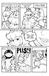 absurdres bare_shoulders bowsette breasts choker closed_eyes clothed comic crown dialogue dress earrings elf_ears english_text evil_smile gloves greyscale hair_covering_one_eye horns jesturia jewelry lineart long_hair mask monochrome multiple_girls new_super_mario_bros._u_deluxe nintendo open_mouth opera_gloves ponytail princess princess_daisy princess_peach princess_rosalina royalty shrunken_irises shyguy smile speech_bubble super_crown super_mario_bros. super_mario_galaxy surprised tagme text