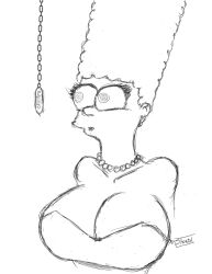 breasts chains crystal expressionless femsub greyscale large_breasts long_hair marge_simpson monochrome necklace pendulum shono sketch spiral_eyes symbol_in_eyes the_simpsons western