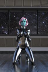 3d alien alien_girl blue_skin collar fembot graybot groping high_heels kneeling pink_hair robot robot_girl robotization theheckle whitewash_eyes