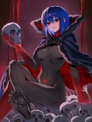  black_nail_polish blood blue_hair body_markings bodysuit breasts ciel_(tsukihime) cleavage cloak convenient_censoring crossed_legs crotch_tattoo feet femsub foot_focus legs looking_at_viewer maledom michael_roa_valdamjong midriff nail_polish navel open_mouth possession red_eyes see-through short_hair sitting skull tight_clothing toenail_polish tsukihime vampire weilaizuigao703 