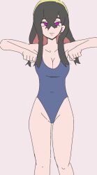 animated animated_gif black_hair breasts carmine_(pokemon) chicken_dance chicken_pose expressionless femsub hairband leotard long_hair migi mochi_dance multicolored_hair nintendo pokemon pokemon_scarlet_and_violet purple_eyes red_hair swimsuit