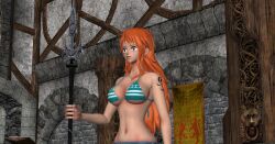  3d absurdres bikini_top bobboxbody breasts earrings empty_eyes expressionless femsub large_breasts long_hair nami_(one_piece) navel one_piece orange_hair shrunken_irises solo spear standing standing_at_attention tattoo very_long_hair weapon 