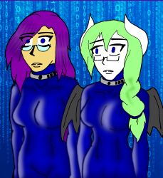 absurdres bat_wings blue_eyes bodysuit collar drone empty_eyes female_only glasses green_hair horns long_hair original purple_hair robotization sayuri_(silver) silver standing standing_at_attention tech_control wings