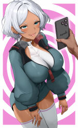 cell_phone dark_skin drool empty_eyes female_only femsub gundam_(series) gundam_the_witch_from_mercury happy_trance large_breasts secelia_dote short_hair silver_hair simple_background slouching solo t3x tech_control thighhighs tongue tongue_out