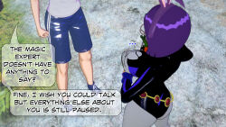 arcade_game breasts bunny_ears carrot clothed crossed_eyes dc_comics dialogue dogdog english_text femsub glasses goth grey_skin heart maledom nipples purple_hair raven text time_stop torn_clothes