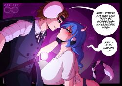 blue_hair blush brown_hair cow_girl daisy(wyvernknight) dialogue english_text femsub gloves heart_eyes horns husband_and_wife hypnotic_accessory love maledom mask ork_(orkart) orkart panties pink_hair shirt suit tail text