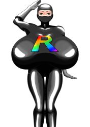  bodysuit breasts brown_eyes empty_eyes female_only femsub hyper_breasts kurimanju latex mask nintendo pokemon rubber saluting simple_background solo standing standing_at_attention team_rainbow_rocket team_rocket white_background 