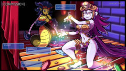  alternate_form barefoot cape dancing female_only femdom femsub harem_outfit hypnotic_accessory hypnotic_music long_hair purple_hair risky_boots shantae shantae_(series) signature snake_girl tagme text unhinged_honey 