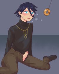  black_hair blue_eyes blush clothed clothed_exposure coin dazed drool erection expressionless glowing_eyes grey_background kneeling male_only malesub nintendo open_mouth panting pendulum penis pinkclover pokemon pokemon_diamond_pearl_and_platinum riley_(pokemon) short_hair simple_background solo spiral_eyes sweat symbol_in_eyes uncircumcised 
