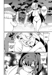 breasts comic english_text fellatio femsub fujihan furoufushi_shoujo_no_naedoko_ryokouki happy_trance heart_eyes hug hypnotic_smell large_breasts long_hair monochrome mushroom navel nipples nude official pandora_(furoufushi) plute_(furoufushi) short_hair smile symbol_in_eyes