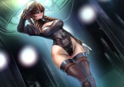  blindfold blush boots braid brown_hair cameltoe cleavage drill_hair erect_nipples erect_nipples_under_clothes female_only femsub gloves halt_miyakura large_breasts leotard saluting smile solo standing thick_thighs thigh_boots thighhighs twin_braids twintails 