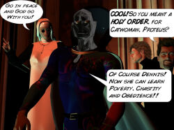  3d batman_(series) captainzammo catwoman chastity dc_comics dialogue humiliation nun proteus_(captainzammo) sunglasses super_hero text western 