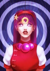 absurdres accidental_hypnosis athena_asamiya empty_eyes expressionless headband king_of_fighters long_hair necklace purple_hair self_hypnosis solo spiral vforvayentha