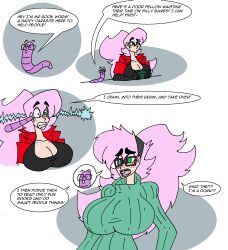 absurdres before_and_after brain_injection breasts cleavage comic dr_bookworm femsub freckles glasses huge_breasts humor long_hair lordebonfuze nerd nerdification open_mouth original parasite pink_hair ponytail shrunken_irises sweater text transformation worm