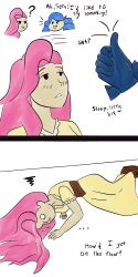 before_and_after blue_hair blush comic dialogue drill_hair female_only femdom femsub gwen_(league_of_legends) league_of_legends long_hair lying phantom_hand pink_hair rosera seraphine_(league_of_legends) sleep_command text trigger twintails