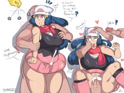  absurdres blue_hair breasts cum cum_in_pussy dawn drool femsub hand_on_another&#039;s_cheek hat large_breasts long_hair maledom nintendo pink_eyes pokemon pokemon_(creature) pokemon_diamond_pearl_and_platinum spiral_eyes symbol_in_eyes text uuforya 