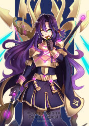 alternate_costume alternate_hair_color aura axe bow character_request chloe_(fire_emblem) consensual control_indicator femsub fire_emblem fire_emblem_engage fusion gloves glowing gzei happy_trance long_hair looking_at_viewer nintendo one_eye_open possession purple_hair spear weapon wink