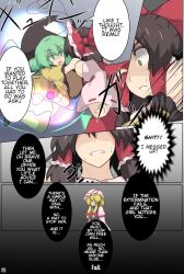 black_(artist) blonde_hair brown_eyes brown_hair futanari green_eyes green_hair hard_translated koishi_komeiji reimu_hakurei shrine_maiden sweat touhou translated turning_the_tables yukari_yakumo