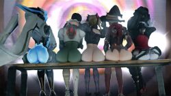  alternate_costume animated animated_gif ass blonde_hair brown_hair d.va echo_(overwatch) femsub gloves hat high_heels hypnosoul_(manipper) manip mercy opera_gloves overwatch robot sombra_(overwatch) spiral tagme tech_control thighhighs widowmaker witch witch_hat 