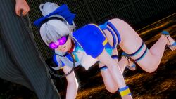  3d all_fours ass chains collar cuffs erect_nipples erect_nipples_under_clothes fate/grand_order fate_(series) femsub grey_hair headphones honey_select_2 japanese_text maledom ponytail ribbon sandals sitri@f sweat swimsuit tech_control tomoe_gozen_(fate/grand_order) visor 