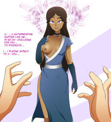  absurdres avatar_the_last_airbender breasts brown_hair dark_skin dialogue empty_eyes english_text female_only femsub fingerless_gloves gloves glowing glowing_eyes happy_trance katara large_breasts long_hair nexus_light nickelodeon one_breast_out open_clothes open_mouth pov pov_dom psychic smile text topless undressing western 