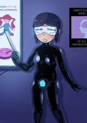  advertisement black_hair blue_background blush bodysuit bulge dazed drone drool edith_is_dead eye_color_change eyebrows_visible_through_hair female_only femsub glowing grey_eyes heavy_eyelids iris_azure latex long_hair null_bulge original red_hair sequence shoes short_hair small_breasts solo spiral tech_control tight_clothing twintails undressing visor 