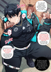  black_hair blue_eyes clothed dduck_you dialogue fellatio handjob hard_translated male_only maledom malesub multiple_boys multiple_doms multiple_penises muscle_boy nude oral pubic_hair squatting text translated yaoi 