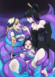  ahoge arknights bare_shoulders barefoot black_hair blaze_(arknights) blonde_hair blue_hair blush breast_grab breasts chin_hold cleavage clothed coils dr_yamero feet female_only femdom femsub groping happy_trance heart hypnotic_eyes kaa_eyes kimono long_hair love multicolored_hair multiple_girls naga_girl one_eye_open open_mouth original saileach_(arknights) smile sweat symbol thighs tongue tongue_out twilight_(tentacleblast_&amp;_twilightotaku) yuri 