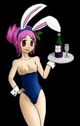  breasts brown_eyes bunny_ears bunnysuit cleavage cuffs fake_animal_ears female_only femsub happy_trance nettimato original pink_hair spiral_eyes symbol_in_eyes topless tray waitress 