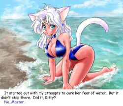 all_fours animal_ears breasts cat_girl deathwish_(manipper) femsub large_breasts long_hair maledom manip pendulum swimsuit text white_hair
