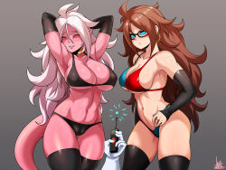 alternate_form android_21 antenna arms_above_head arms_behind_back bikini_bottom blush breasts brown_hair cleavage dragon_ball dragon_ball_fighterz dual_persona earrings elf_ears female_only femsub gloves glowing glowing_eyes happy_trance huge_breasts jewelry jmg long_hair looking_at_viewer manip misterman4_(manipper) multiple_girls multiple_persona opera_gloves pink_skin remote_control smile spiral_eyes swimsuit symbol_in_eyes tagme tech_control thighhighs unhappy_trance white_hair 