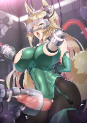 ahegao arms_behind_back bare_shoulders blonde_hair blush breasts cables censored collar corruption drool earbuds empty_eyes eye_roll fox_futa futa_only futanari futasub garter_straps gloves glowing huge_breasts lactation leotard long_hair milk milking milking_machine nelofox open_mouth opera_gloves orgasm pantyhose penis penis_milking ponytail see-through sex_machine solo tail tech_control thick_thighs thighhighs tongue tongue_out torn_clothes trembling very_long_hair visor wires yellow_eyes