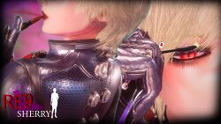 3d akajiro blonde_hair bodysuit cosplay eyeshadow femsub gloves glowing_eyes heart_eyes jill_valentine lipstick makeup p30 red_eyes red_lipstick resident_evil resident_evil_5 resident_evil_requiem sherry_birkin short_hair 