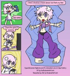 before_and_after comic dancer dancing female_only femsub happy_trance harem_outfit hoodie hyperdimension_neptunia midriff mythkaz neptune_(hyperdimension_neptunia) open_mouth purple_eyes purple_hair short_hair spiral_eyes symbol_in_eyes text