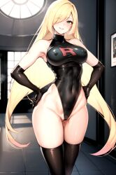  ai_art armpits bare_shoulders blonde_hair blush breath cameltoe earrings empty_eyes erect_nipples erect_nipples_under_clothes female_only femsub gloves green_eyes hair_covering_one_eye hand_on_hip happy_trance large_breasts leotard long_hair lusamine milf nintendo notreallyhere_(generator) pokemon pokemon_sun_and_moon rubber smile solo standing team_rocket thick_thighs thigh_gap thighhighs very_long_hair wide_hips 