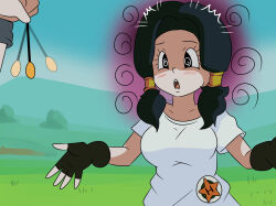 aokushan black_eyes black_hair blush clothed collarbone dragon_ball female_only femsub gloves long_hair open_mouth outdoors pendulum shirt spiral_eyes symbol_in_eyes videl