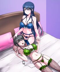  absurdres ahoge bed blue_hair breasts cell_phone cleavage dangan_ronpa dangan_ronpa_another_episode earbuds empty_eyes female_only femsub fishnets garter_belt green_hair happy_trance head_in_lap holding_hands hypnotized_dom kneeling komaru_naegi large_breasts lingerie long_hair navel open_mouth pillow sayaka_maizono shinzu short_hair smile spiral_eyes symbol_in_eyes tongue tongue_out underwear 