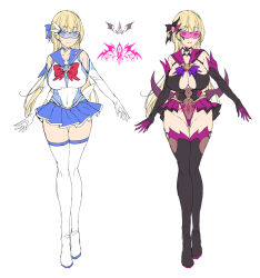  before_and_after blonde_hair blue_eyes boots breasts cleavage collar corruption crotch_tattoo eye_color_change femsub gloves high_heels large_breasts latex leotard long_hair magical_girl miniskirt original red_eyes reference_sheet satou_kuuki see-through skirt smile tattoo thighs transformation wide_hips 