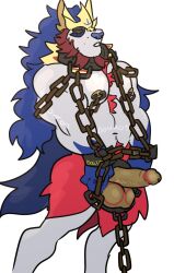 blue_hair bondage bottomless chains cucumbercowboy dazed erection furry long_hair male_only malesub muscle_boy nintendo nipple_clamps nude penis personification pokemon pokemon_sword_and_shield ring_eyes solo standing topless white_background wolf_boy zamazenta