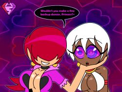  bare_shoulders bisexual capcom chin_hold choker cleavage collarbone crossover dark_skin dazed earrings elena_(street_fighter) english_text eyebrows_visible_through_hair eyelashes female_only femdom femsub hair_covering_both_eyes heart hypnoscream kaa_eyes king_of_fighters large_breasts open_clothes open_mouth pride_colors red_hair shermie_(kof) short_hair simple_background smile speech_bubble street_fighter white_hair 