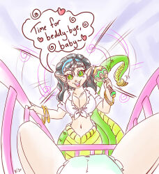  age_regression black_hair breasts crib diaper femdom hypnotic_eyes looking_at_viewer monster_girl naga_girl pov pov_sub rattle rfswitched snake_girl spiral spiral_eyes symbol_in_eyes text 